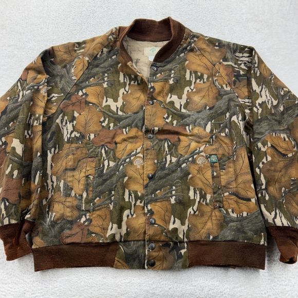 Vintage Mossy Oak Camo Bomber Jacket Mens XL Made in USA Camouflage Snap Front